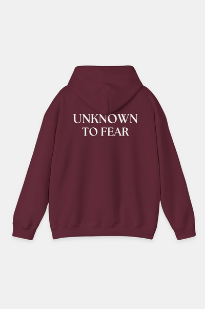 Iconic Emblem Hoodie by Unknown to Fear, Timeless Unknown to Fear hoodie, Classic Unknown to Fear emblem, Color-matched drawcord, Double-lined hood, Rib-knit cuffs, Standout wardrobe piece, Quality Unknown to Fear design, Warm and stylish hoodie, Polished look hoodie